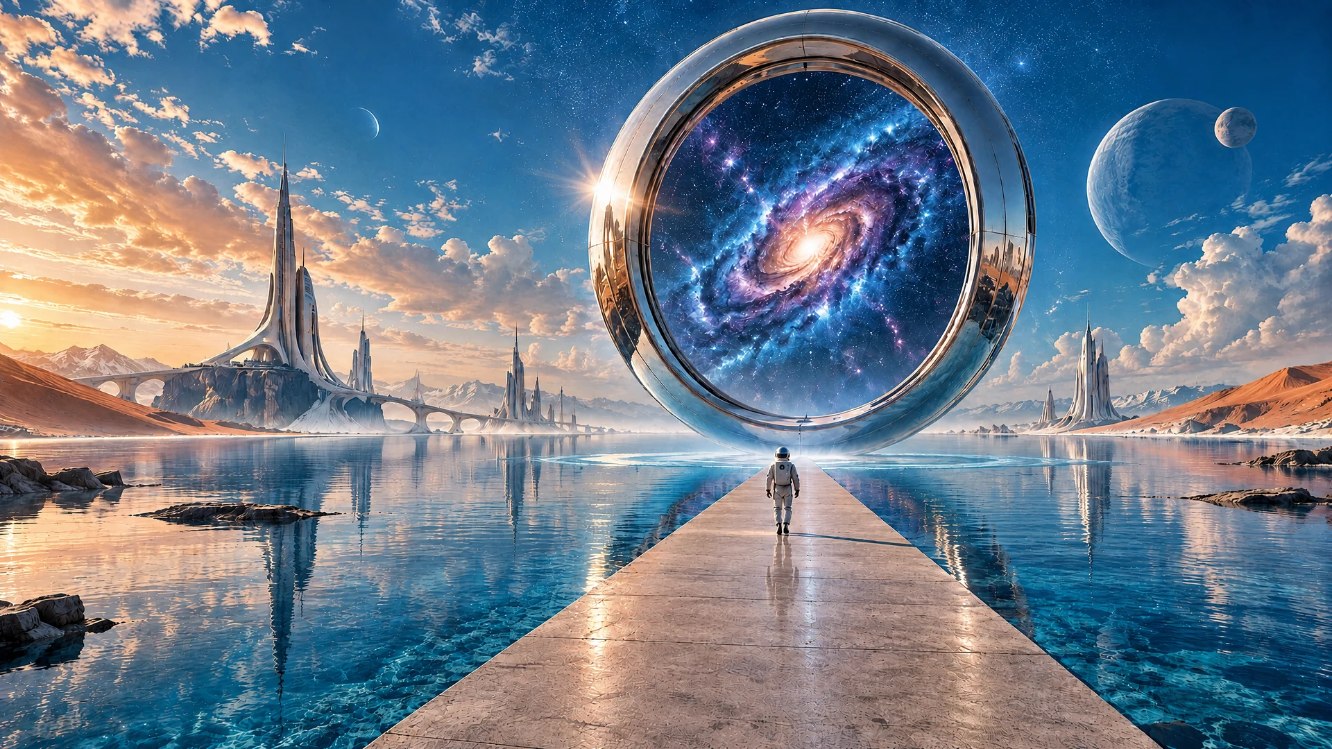 探索者走向悬浮在蓝色海面上的巨大星际之门